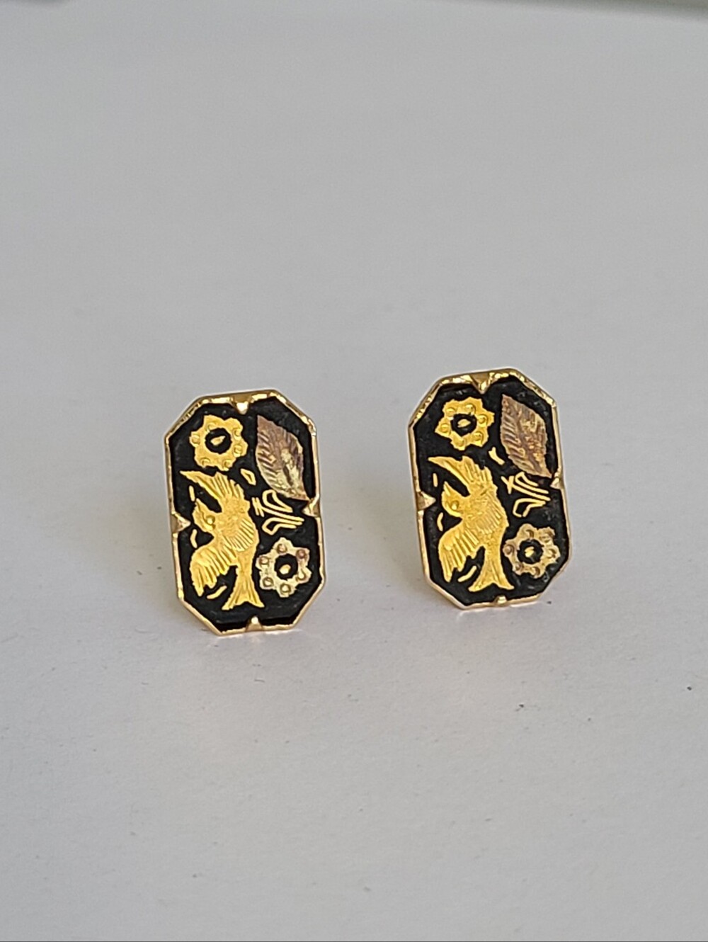 Vintage 24K Gold Inlay Damascene Toledo Bird Flower Rectangular Clip On Earrings